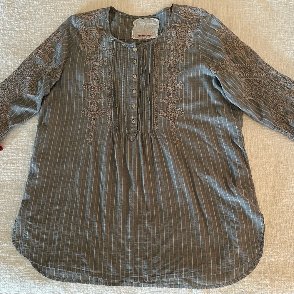 Johnny Was Green Pleated Blouse with Cuffed Sleeves